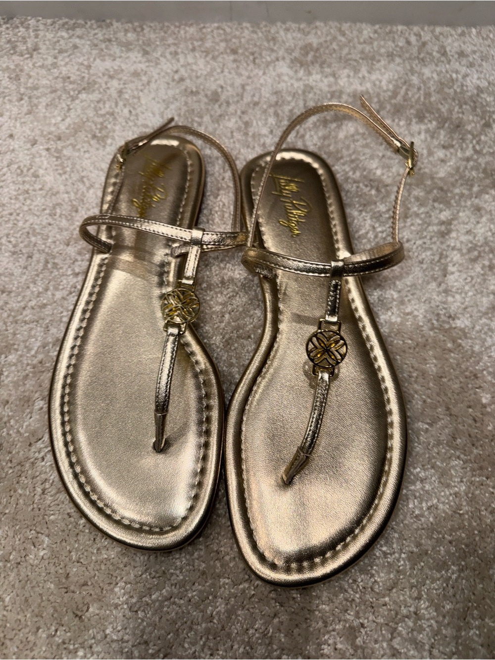 Gold Metallic T-Strap Sandals - Women